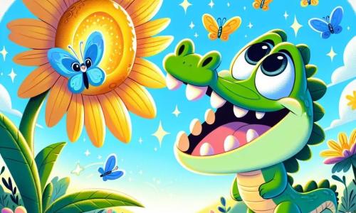 Um crocodilo chamado Cacá, com uma pele verde brilhante e grandes olhos redondos e curiosos, está à beira de um rio cintilante, com um largo sorriso no rosto, cheio de excitação e admiração. Ao seu lado, uma pequena borboleta azul, com asas delicadas e brilhantes, voa alegremente, suas asas batendo suavemente no ar quente. O local é um jardim mágico, repleto de flores coloridas que dançam ao vento, com uma grande flor dourada no centro que brilha como o sol, cercada por folhagens luxuriantes e borboletas que flutuam. Cacá, o crocodilo, está fazendo um desejo diante da flor mágica, com os olhos fechados, enquanto a borboleta o encoraja com um sorriso bondoso.
