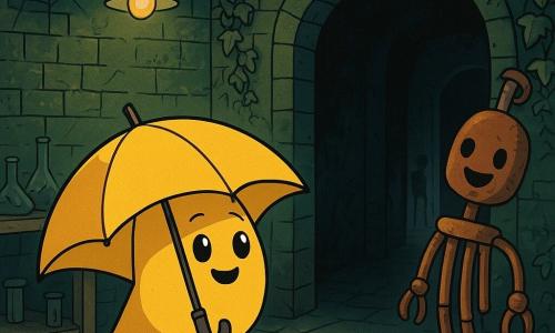 Bobby, an anthropomorphic umbrella with bright yellow fabric and a small smiling face, stands at the edge of a mysterious dark corridor, his round eyes shining with curiosity and excitement. He leans slightly forward, ready to explore the unknown. Nearby, a rusty wind chime, with oxidized metal tubes and a friendly face, gently dances in a light breeze, its sparkling eyes encouraging Bobby to move forward. The setting is an abandoned old laboratory, with cracked brick walls covered in green ivy, dusty wooden tables laden with broken test tubes, and eerie shadows cast by the flickering light of a lamp. Cobwebs cling to the corners, adding a mysterious and slightly frightening atmosphere. The main scene shows Bobby hesitating to enter a dark corridor, where shadows dance on the walls, while a silvery glow emanates from a slightly open door at the end, promising fascinating and frightening discoveries.