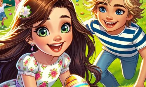 A 12-year-old girl, Cleo, with long brown hair and sparkling eyes, is rolling a colorful egg down a green hill. She wears a light floral dress and a bright smile that shows her excitement. Next to her, a boy her age, Max, with messy blonde hair and a striped t-shirt, encourages her with a big smile, holding a decorated egg in his hand. In the background, children are laughing and running, searching for hidden eggs in the grass. The scene is set in a sunny park filled with vibrant flowers and blooming trees, creating a festive and joyful atmosphere. The main focus is on Cleo and Max in a friendly competition to see who can roll their egg the farthest, surrounded by laughter and joy.
