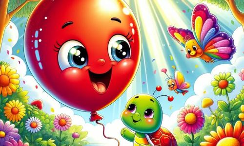 Ilustración de un pequeño globo rojo con una gran sonrisa, flotando alegremente en el aire. El globo expresa una inmensa alegría y emoción, con ojos brillantes de felicidad mientras danza sobre un jardín colorido. Cerca, una tortuga verde con un caparazón brillante y ojos dulces sonríe lentamente, recogiendo piedras brillantes. Un pequeño pájaro de plumas amarillas y azules vuela alrededor del globo, mostrando una expresión de alegría y energía. Una mariposa colorida se posa delicadamente sobre una flor, maravillada por el globo. El lugar principal es un jardín soleado, lleno de flores vibrantes y árboles verdes. La escena muestra al globo celebrando su cumpleaños rodeado de amigos, todos bailando y jugando, con confeti de colores flotando en el aire. Otros elementos incluyen piedras brillantes en el suelo, una pequeña caja de madera abierta con confeti saliendo y sonrisas radiantes en los rostros de los personajes, capturando el espíritu de una fiesta de cumpleaños mágica.