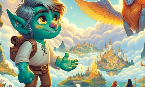 Un joven troll llamado Brumrul, con piel esmeralda brillante y ojos dorados chispeantes de esperanza, se encuentra al borde del Lago Espejismo. Tiene una expresión decidida y una ligera sonrisa, llevando una pequeña bolsa de cuero llena de runas curativas. A su lado, Sarmia, una majestuosa esfinge de fuego con alas llameantes y ojos ardientes, observa a Brumrul con una mezcla de curiosidad y desconfianza, posada sobre una roca dorada. El paisaje es un reino suspendido sobre las nubes, con castillos flotantes, puentes de vapor y flores luminiscentes que bailan en el aire suave. La escena principal muestra a Brumrul extendiendo una mano amistosa hacia Sarmia, listo para explicarle su inocencia, mientras destellos de luz se reflejan en la superficie del lago, creando una atmósfera mágica y llena de esperanza.