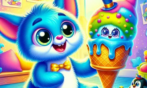 Fuffi, un piccolo essere pelucheo di colore blu vivo con grandi occhi rotondi e un sorriso splendente, è seduto su un tappeto colorato, tenendo un enorme cono gelato parlante, Gelatone. Fuffi sembra felice e meravigliato, con le orecchie tese, pronto a gustare il suo gelato magico. Gelatone, un cono gelato gigante con occhi scintillanti e un grande sorriso, fluttua gioiosamente sopra Fuffi, proponendogli di giocare a nascondino. Nelle vicinanze, Pinguino Piero, un piccolo pinguino con un elegante cappello a cilindro, tiene una valigia in mano, mostrando un'aria curiosa ed entusiasta, pronto a unirsi all'avventura. La scena si svolge in una stanza colorata, piena di giocattoli brillanti, cuscini morbidi e muri decorati con disegni di stelle e lune. Una luce soffusa filtra attraverso una finestra, creando un'atmosfera calda e magica. In questa situazione principale, Fuffi e Gelatone si preparano a giocare a nascondino nel loro mondo fantastico, mentre Piero li osserva con impazienza, pronto a unirsi a loro per un'avventura piena di risate e sorprese.