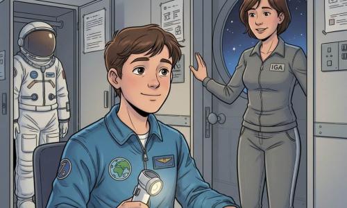 Nastolatek‑astronauta o łagodnej, ciekawskiej twarzy, lekko uśmiechnięty i spokojnym spojrzeniu, ubrany w niebieski, lekko pognieciony kombinezon, trzymający małą białą latarkę z naklejką Ziemi i przeglądający otwarty notes na metalowym stole; obok drzwi stoi trenerka Iga, około 35 lat, krótkie brązowe włosy, ciepły, uspokajający wyraz twarzy, dumnie patrząca na chłopca z ręką na framudze; brak innych postaci na pierwszym planie; pokój to kajuta treningowa z jasnoszarymi ścianami i panelami, otwartą metalową szafą z wiszącym skafandrem, okrągłym oknem na gwiaździste niebo i małymi plakatami procedur; scena — spokojna chwila przed snem, przygotowywanie sprzętu i zaduma, miękkie, ciepłe światło lampki nocnej kontrastujące z chłodnym światłem gwiazd; styl kolorowy, czyste linie, czytelne wyrazy twarzy, kompozycja skupiona na chłopcu i notesie.