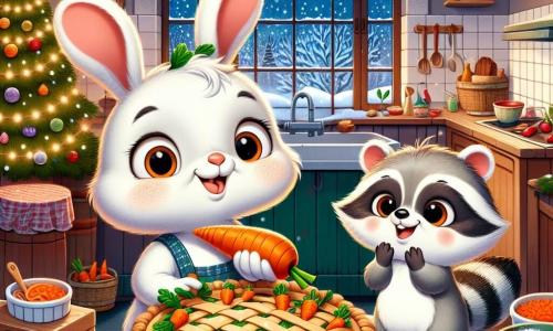 Un pequeño conejo llamado Benito, con grandes orejas caídas y un pelaje suave y blanco, está de pie en una cocina acogedora, sonriendo con orgullo mientras sostiene una hermosa tarta de zanahoria decorada con pequeñas zanahorias de azúcar. A su lado, su amigo Tomás, un pequeño mapache de pelaje gris y ojos brillantes, levanta las patas en señal de ánimo, mostrando una gran sonrisa, mientras se encuentra cerca de la mesa, rodeado de ingredientes coloridos. La cocina está llena de decoraciones navideñas brillantes, con un árbol de Navidad iluminado en una esquina, guirnaldas de hojas verdes y rojas, y copos de nieve que caen suavemente por la ventana. La escena principal muestra a Benito y Tomás celebrando su éxito, rodeados de una atmósfera festiva, listos para compartir su deliciosa creación con la familia de Benito para Navidad.