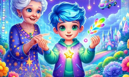 Un ragazzo di 6 anni, di nome Lio, con capelli blu vivaci e occhi verdi brillanti, è al centro dell'immagine, con il viso illuminato da meraviglia e curiosità. Tiene in mano una piccola scatola magica che brilla. Accanto a lui, sua nonna, una donna anziana con capelli argentati e un sorriso caloroso, lo osserva con orgoglio, indossando un vestito colorato decorato con motivi stellati, mentre gli mostra come usare la magia. Il contesto è un giardino incantato sul pianeta Miraluna, pieno di fiori dai colori vivaci, cristalli scintillanti e alberi con tronchi argentati. Sullo sfondo, auto volanti scorrono dolcemente in un cielo viola punteggiato di stelle brillanti. La scena principale mostra Lio che fa levitare una piuma colorata grazie alla magia della scatola, mentre scintille luminose danzano intorno a lui, creando un'atmosfera di gioia e avventura.