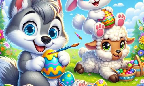 A small creative wolf with fluffy gray fur and sparkling blue eyes smiles joyfully as he paints colorful Easter eggs with brushes. He sits on a multicolored flower carpet, surrounded by bright, shiny eggs. Next to him, a little rabbit named Benny, with big ears and brown fur, jumps for joy holding a decorated smiling egg, his eyes shining with excitement. A lamb named Lucy, with soft white wool, looks in wonder at Little Wolf's creations, her round eyes filled with admiration. The setting is a sunny meadow dotted with vibrant flowers and lush trees under a clear blue sky with a few fluffy clouds. The main scene shows Little Wolf and his friends joyfully decorating Easter eggs, filled with laughter and colors, creating a festive and friendly atmosphere.