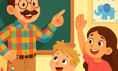 Een glimlachende leraar, meneer Mo, een man van in de veertig met een grote bruine snor en ronde bril, staat voor een schoolbord. Hij draagt een kleurrijk geruit overhemd en beige broek. Zijn gezicht straalt vreugde en enthousiasme uit terwijl hij iets aan de kinderen uitlegt. Mila, een 8-jarig meisje met lange krullende haren en een roze t-shirt, steekt haar hand op met een grote glimlach, enthousiast om deel te nemen. Naast haar kijkt Lucas, een 7-jarig jongetje met wild blond haar, aandachtig en met glinsterende ogen van opwinding. De scène speelt zich af in een heldere klaslokaal met gele muren en kleurrijke posters van dieren en cijfers. Kleurpotloden, boeken en speelgoed liggen verspreid over de houten tafels. Meneer Mo nodigt de kinderen uit om een activiteit voor de dag te kiezen, wat een vrolijke en samenwerkende sfeer creëert, vol met lachen en creativiteit.