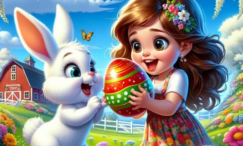 O fetiță de 4 ani, pe nume Maria, cu părul lung și castaniu și ochi strălucitori de curiozitate, stă în centrul imaginii. Ea poartă o rochie colorată cu motive florale și un zâmbet mare pe față, fiind fascinată de un mare ou de Paște roșu cu dungi verzi pe care l-a descoperit în iarba verde. Lângă ea, un iepuraș pe nume Flopi, cu blană albă pufoasă și urechi mari, sare vesel. Flopi are o privire jucăușă și pare pregătit să o ajute în căutarea magiei de Paște. Scena se desfășoară într-un frumos hambar în fundal, înconjurat de flori strălucitoare și copaci înfloriți, sub un cer albastru deschis presărat cu nori albi pufoși. Maria, cu un amestec de excitație și surpriză, se apleacă spre oul colorat, în timp ce Flopi o încurajează să deschidă oul pentru a descoperi magia care se ascunde în el.