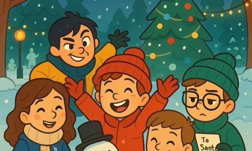 There are 5 children: - **Max**: an 11-year-old boy with curly hair and a mischievous smile. He wears a bright red coat and a matching hat. He is at the center of the image, raising his arms in the air enthusiastically. - **Mia**: an 11-year-old girl with long wavy hair and rosy cheeks. She wears a wool scarf and a blue coat. She stands to the left of Max, smiling and holding a cup of hot chocolate. - **Leo**: an 11-year-old boy with glasses and brown hair. He wears a green sweater and a knitted hat. He is to the right of Max, showing a letter to Santa with a serious expression. - **Sam**: an 11-year-old boy with blonde hair and a warm smile. He uses crutches and wears an orange coat. He is slightly behind, laughing joyfully. - **Jake**: an 11-year-old boy with black hair and a cheeky face. He wears a yellow coat and makes a funny face. He is behind Max, ready to play a prank. The scene takes place in a magical winter park, where snowflakes fall gently. Majestic trees are illuminated with sparkling garlands, and a large Christmas tree stands in the center, decorated with colorful ornaments and bright stars. The ground is covered with a thick layer of snow, and children are joyfully playing around a snowman. The main situation shows the children gathered around a snowman they just built, laughing and sharing stories about their letters to Santa. They are filled with excitement and joy, capturing the spirit of Christmas in a moment of camaraderie and friendship.