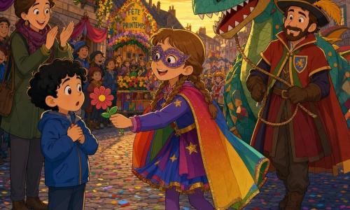 A joyful, radiant 10-year-old girl with light brown hair in two braids wears a colorful costume with a rainbow cape and glitter mask, smiling as she offers a small paper flower; a surprised, amazed 6–7-year-old boy with curly black hair in a blue jacket stands to her left on the sidewalk, clutching the flower to his chest; to her right a 30–40-year-old man dressed as a party guide — the dragon puppeteer — holds the leash of a large papier-mâché dragon walking slowly in the parade; in the background a smiling ~35-year-old woman (the mother) with her hair up applauds from the edge of the scene behind the crowd; the cobbled village square is strewn with confetti, colorful bunting, flowered floats and hanging lanterns among stone houses, and the main scene shows a twilight carnival parade in golden light, saturated colors, swirling confetti and happy faces, a festive, dynamic atmosphere.