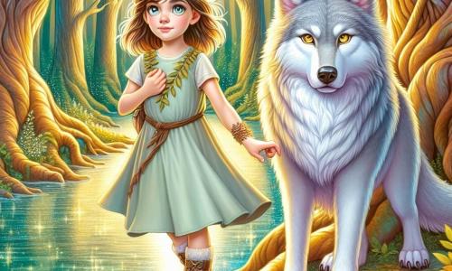 A 12-year-old girl named Elara stands bravely at the edge of an enchanted lake, her eyes shining with determination and her brown hair blowing in the wind. She wears a light dress in forest colors with leaf patterns and holds the paw of a majestic wolf named Fenrir, whose silver fur and golden eyes reflect ancient wisdom. The setting is a magical forest with gnarled trees and shimmering leaves, bathed in soft golden light. The lake at the center reflects vibrant colors, creating a fairy-tale atmosphere. Elara and Fenrir are poised at the lake's edge, ready to confront a menacing shadow of an evil sorcerer behind them, symbolizing the battle between light and darkness with an aura of magic in the air.