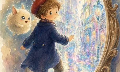 A shy 6-year-old boy with a round freckled face, messy light-brown hair, navy wool coat and red cap places his hand on a large antique carved wooden mirror and prepares to step through as Lumi, a smiling cream fur ball with starry eyes and pointy ears, floats at shoulder height and offers a paw; the mirror opens onto a mirrored city with silver-paved streets, color-shifting façades, blown-glass lamp posts and stardust in the air, soft light and multicolored reflections surrounding them, textures of carved wood, wool, fur and sparkling cobbles visible.