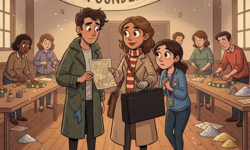 The protagonist is a female detective with a determined yet gentle face, bright eyes and slightly furrowed brows, wearing a long beige coat, striped scarf, thin gloves and a crossbody satchel; she calmly holds an open black portfolio showing an old map. A key secondary character, Soren (about 25–30), looks guilty and nervous with a rumpled dark coat and messy hair, timidly offering the map in a plastic sleeve while standing slightly back; another secondary, Nora (about 18), attentive with bright eyes, simple clothes and lanyard badges, stands beside the detective, leaning forward with hands clasped. In the background volunteers of various ages cut garlands, glittery paper floats, and a large painted banner reading HAPPY FOUNDERS WEEK hangs askew. The scene is a calm, emotional confrontation: the detective reclaims the stolen map as Soren confesses, Nora listens; white chalk crumbs on the floor and a small fabric scrap on Soren’s pocket serve as clues. Setting: a guild hall with shiny wood floors, long tables covered in paper, glue pots, scissors, silver and gold glitter reflecting warm pendant lights, colorful posters on the walls and stacked chairs in a corner. Mood and style: tense but constructive, warm central light with shadowed corners, soft curved lines, exaggerated silhouettes, clear expressions, a warm palette of ochres, muted reds and greens with sparkling glitter accents, grainy paper texture on the map and glossy reflections on glue and glitter.