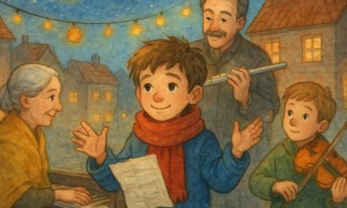 An 8-year-old boy with tousled brown hair, shy smile and bright eyes, wearing a blue coat and large red scarf, gently conducts a small community orchestra with a crumpled sheet of music; Mrs. Lee, about 60, gray hair in a bun and mustard shawl, sits at a upright piano to his left with warm eyes on the keys; Mr. Alvarez, about 50 with a graying mustache, stands behind him holding a silver flute, leaning in benevolently; a shy nine-year-old named Theo in a green coat waves from a house window in the background; the nighttime village square has wet cobblestones reflecting orange and yellow paper lanterns, brick houses and string lights, the group plays New Year music with piano, violin, tambourine and flute, joined hands and small lanterns raised, warm, dreamy exchange of looks; watercolor style, soft warm colors, grainy textures, light outlines and lantern glow on the stones.