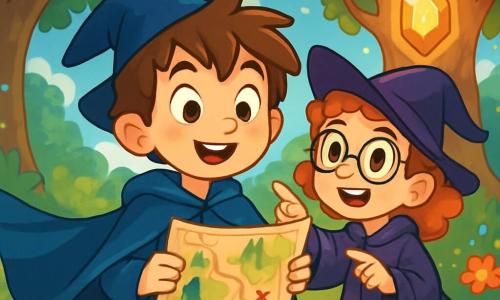 A young apprentice wizard, a seven-year-old boy with messy hair and sparkling eyes full of curiosity, stands at the center of the scene, holding a magical map in his hands. He wears a large blue cloak that billows around him, and his face shows a mix of excitement and wonder. Next to him is his best friend Luna, a little witch of his age with curly hair and round glasses, joyfully pointing at a direction on the map. They are in an enchanted clearing, surrounded by majestic trees with shimmering branches and colorful flowers that seem to dance in a gentle breeze. In the background, a large tree with golden leaves shelters a shining gem that pulses with a warm light. The main situation shows the two friends ready to embark on an adventure, their faces lit up by the excitement of discovering the mystery of the enchanted gem.