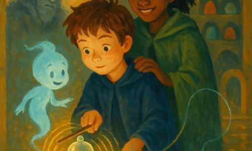 The main character is Milo, an 8-year-old apprentice wizard with a round freckled face, messy chestnut hair and a focused gentle expression, wearing an oversized midnight-blue robe and holding a short wooden wand in his right hand against a small glass bell on a stone base; behind him stands Nessa, an 11-year-old apprentice witch with black hair tied by a ribbon coming undone, an encouraging smile and a hand on Milo’s shoulder, wearing a moss-green cloak; floating before the bell is Lark, a pale blue translucent childlike spirit with a smoky mini-child form and bright curious eyes, a thin silver thread tied to its wrist stretching backward; in the distance a tall grey blurred guide silhouette with an ancient sad face is half-lit by the bell’s glow; the scene is an underground stone chamber with warm amber light, a polished damp floor, a steaming water basin, niches of painted stones and golden reflections; Milo gently taps the bell, a luminous note radiates as golden waves, the silver thread on Lark lights and gently pulls the spirit toward a stone arch behind the base, creating a calm, warm, magical atmosphere in a palette of ochres, pale blues and moss greens, with visible brush textures and sparkling light touches.