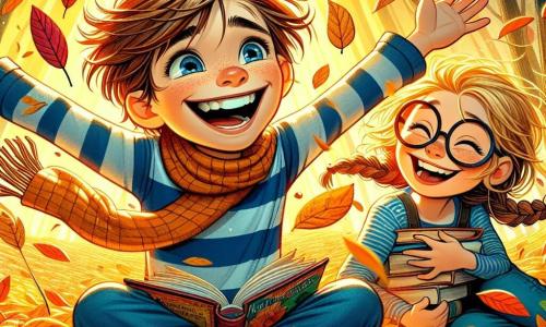 A 10-year-old boy named Theo, with messy brown hair and a big amazed smile, is sitting on a pile of golden leaves with his arms open, as if trying to catch the wind. He is wearing a blue striped sweater and denim pants, his eyes sparkling with joy. Next to him is his best friend Mia, a 10-year-old girl with braided blonde hair and round glasses, laughing while holding a big book on the autumn leaves, leaning towards Theo. Their environment is a vibrant autumn forest, where trees are covered with red, orange, and yellow leaves, and the ground is carpeted with a thick layer of leaves. Sunlight filters through the branches, creating bright patterns on the ground. The main scene shows Theo and Mia exploring, surrounded by flying leaves as they enjoy collecting colorful leaves for their school project on autumn.