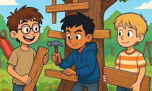 There are three characters: Sam, a 10-year-old boy with messy brown hair and round glasses, wearing a worn t-shirt and faded shorts, standing on the left holding a piece of old wood with a big smile. Luis, a 9-year-old boy with black hair and sparkling eyes, wearing a blue hoodie and ripped jeans, is in the center, focused on hammering a nail. Ethan, a 10-year-old boy with blonde hair and a shy expression, wearing a striped t-shirt and worn sneakers, is on the right holding a wooden board, admiring his friends. The scene takes place in an old park with a large oak tree at the center, surrounded by green grass and colorful flowers, with the ground scattered with dead leaves and small pebbles. In the background, there is a rusty old slide and a swing gently creaking in the wind. The main situation shows the three boys building a tree in the oak, using reclaimed wood planks. They are laughing and helping each other, despite their worn clothes and dirty hands. The atmosphere is joyful and energetic, illustrating their friendship and creativity in the face of challenges.