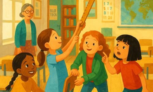 Cinco personagens: Leonor, cerca de 8 anos, cabelo castanho liso apanhado em rabo, vestido azul claro, no centro, olhos concentrados, braços estendidos segurando uma grande régua de madeira que sustenta um balão; Sara, cerca de 8 anos, cabelo castanho em tranças, casaco amarelo, à esquerda de Leonor a estabilizar uma cadeira com sorriso tranquilizador; Inês, cerca de 9 anos, cabelo ruivo encaracolado, casaco verde, atrás de Leonor a guiar a régua com cuidado; Marta, cerca de 9 anos, cabelo preto com franja, t‑shirt vermelha, na ponta dos pés a tocar o balão com a ponta da régua, expressão de esforço cómico; professora Sofia, cerca de 40 anos, cabelo grisalho preso, óculos redondos, saia estampada, observa benevolente ao fundo junto às estantes. Ambiente: sala de aula luminosa com chão de madeira clara, grandes janelas com raio de sol dourado, paredes com cartazes bilingues (