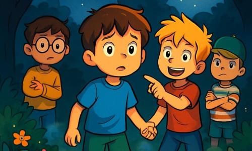 Es gibt 4 Kinder: Lukas, ein 10-jähriger Junge mit braunen Haaren und leuchtenden Augen, trägt ein blaues T-Shirt und grüne Shorts und steht in der Mitte, etwas besorgt und schaut sich um. Ben, ein 9-jähriger Junge mit zerzausten blonden Haaren und einem schelmischen Lächeln, trägt ein rotes T-Shirt und Jeans und steht rechts von Lukas, während er auf den Garten zeigt. Emil, ein 10-jähriger Junge mit runden Brillen und braunen Haaren, trägt einen gelben Pullover und steht leicht links im Hintergrund und beobachtet die Schatten der Bäume. Jonas, ein 9-jähriger Junge mit schwarzen Haaren und einer grünen Mütze, trägt ein gestreiftes T-Shirt und steht hinter Lukas mit verschränkten Armen und einem entschlossenen Ausdruck. Der Ort ist ein grüner Garten, umgeben von großen Bäumen mit dunklen Blättern, die geheimnisvolle Schatten werfen. Das Mondlicht beleuchtet sanft den Boden, der bunte Blumen und funkelnde Steine zeigt. Der Himmel ist mit leuchtenden Sternen übersät, und eine leichte Brise lässt die Blätter tanzen. Die Kinder sind versammelt, etwas nervös, aber neugierig, bereit, den dunklen Garten zu erkunden. Sie schauen mit weit aufgerissenen Augen auf die Baum Schatten, halten sich zur Beruhigung an den Händen, während ein leichter Nebel um sie schwebt und ihrer nächtlichen Abenteuerreise einen Hauch von Geheimnis verleiht.