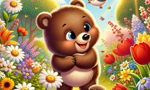 Un pequeño oso marrón llamado Bruno, con un pelaje suave y ojos brillantes de curiosidad, está en el centro de un jardín colorido, sonriendo con asombro. Está rodeado de flores vibrantes, como margaritas blancas, tulipanes rojos y narcisos amarillos, mientras extiende la pata para tocar una abeja que vuela cerca de él, mostrando una expresión de alegría y emoción. Cerca, un pequeño gorrión de plumas grises y blancas, posado en una rama, canta alegremente, con ojos brillantes de felicidad. Un erizo tímido, con un lomo cubierto de espinas y un rostro dulce, observa la escena con curiosidad y vacilación. El jardín está bañado por la luz dorada del sol primaveral, con majestuosos árboles de fondo, cuyas hojas verdes vibrantes se mueven con la suave brisa. Mariposas coloridas danzan en el aire, añadiendo un toque de magia a la atmósfera. La escena principal muestra a Bruno, maravillado por la belleza del jardín en primavera, interactuando alegremente con sus amigos animales, celebrando la nueva temporada y la amistad que los une.