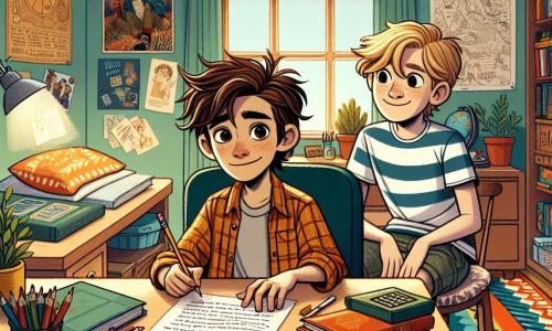 Een 11-jarig jongetje, Sam, met rommelig bruin haar, nieuwsgierige ogen en een verlegen glimlach, zit aan zijn bureau in een kleurrijke kamer, omringd door boeken en potloden. Hij kijkt naar een wit papier met een vastberaden uitdrukking, terwijl hij een potlood in zijn hand houdt, klaar om zijn verhaal over de waarheid te schrijven. Naast hem leunt zijn beste vriend Lucas, een 10-jarig jongetje met blond haar en een scheve bril, over het bureau met een bemoedigende blik en een vriendelijke glimlach. Lucas draagt een gestreept t-shirt en shorts, en houdt een geopend boek vast, klaar om zijn ideeën te delen. De kamer is versierd met avonturenposters en schatkaarten, met een groot kleurrijk tapijt op de vloer en een raam dat zonlicht binnenlaat, waardoor de ruimte een zachte warmte krijgt. Sam is geconcentreerd en een beetje nerveus terwijl hij zijn verhaal over de waarheid schrijft, terwijl Lucas hem aanmoedigt om eerlijk en creatief te zijn, wat een sfeer van kameraadschap en steun creëert.