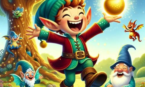 Un duende alegre llamado Tico, con grandes orejas puntiagudas y un sombrero verde brillante, salta de alegría, su rostro radiante de felicidad y emoción. Lleva una túnica de terciopelo rojo y botas de cuero, y sostiene una fruta dorada brillante en sus manos. A su lado, una pequeña dragona llamada Luna, con escamas brillantes de color turquesa, bate sus alas con entusiasmo, sus ojos chispeantes de curiosidad. Ella está posada en una rama baja de un árbol. Un gnomo llamado Rufus, con una barba blanca espesa y un sombrero azul, ríe a carcajadas, sosteniendo una pequeña bolsa llena de chistes, sentado en una piedra cerca de Tico. Al fondo, un majestuoso árbol mágico con ramas cargadas de frutas doradas se alza en el centro de un claro soleado, rodeado de flores coloridas y luciérnagas brillantes. La escena principal muestra a los amigos celebrando su descubrimiento de la fruta mágica, riendo juntos en un ambiente alegre y amistoso.