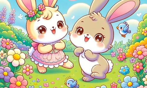 Ein kleiner Hase namens Felix, mit weichem, braunem Fell, großen Ohren und funkelnden Augen, tanzt fröhlich in einer bunten Wiese, umgeben von leuchtenden Blumen in allen Farben. Neben ihm steht seine Mama, eine hübsche Häsin mit cremefarbenem Fell, die ihn stolz anlächelt, die Pfoten auf ihren Hüften. Ein kleiner blauer Vogel, der auf einem Ast sitzt, singt fröhlich und trägt zur festlichen Stimmung bei. Der Ort ist eine grüne Wiese, übersät mit rosa, gelben und lila Blumen, unter einem hellblauen Himmel mit flauschigen weißen Wolken. Die Hauptsituation zeigt Felix und seine Mama, die den Frühling feiern, umgeben von der Schönheit der Natur, während sie eine kleine Feier mit Blumenketten und Lachen vorbereiten, erfüllt von Freude und Staunen.