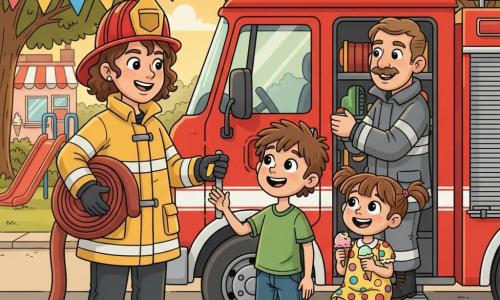 A smiling, proud female firefighter (Fiona) with short curly hair under a shiny red helmet and a yellow reflective jacket stands by the open door of a large red fire truck holding a coiled hose; an enthusiastic 10-year-old boy (Max) in a green T-shirt stands on the truck step with tousled hair, hand on the rail, admiring her; a joyful 6-year-old girl (Lily) with small braids in a polka-dot dress sits on the truck edge with a half-eaten ice cream cone, giggling at Fiona; a confident male firefighter (Joe) with a light mustache in a gray suit places equipment at the back of the truck, smiling at the children; the scene is a neighborhood park at dusk with green grass, large oaks, colorful banners and balloons, an ice cream stand and a playground slide, a convivial, safe, festive post-incident moment bathed in golden sunset light, in a bright, reassuring child-friendly style.