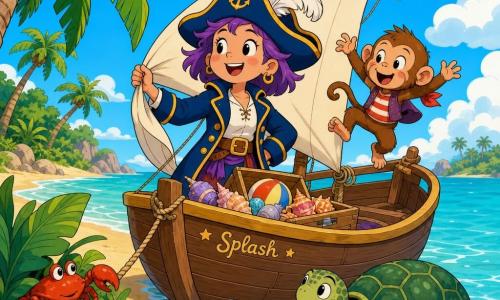 Una piratessa, la Capitana Lilla, allegra e sicura, volto rotondo, occhi vivaci, capelli corti violetti sotto un grande cappello con piuma, giacca blu con bottoni dorati, tiene la vela della sua piccola barca di legno e sorride all'orizzonte; il piccolo scimmietto Pipo, dall'aspetto infantile, marrone chiaro con guance rosa, saltella sul parapetto a destra; una tartaruga amichevole con guscio verde maculato avanza davanti alla barca; il granchio Grassetto, rosso vivo, si nasconde tra le foglie su una spiaggia di sabbia dorata a sinistra. Luogo: isola tropicale luminosa con palme piegate, sabbia gialla, acqua turchese, conchiglie colorate e cielo azzurro con nuvole soffici. Situazione: la barchetta 