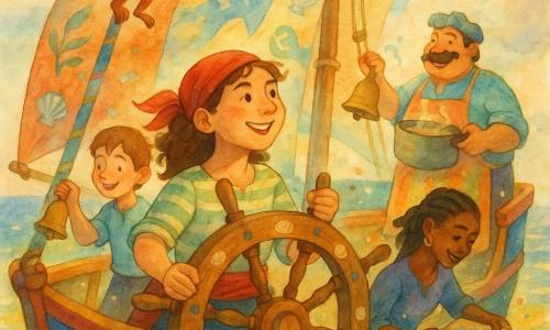 La protagonista è Lila, una donna pirata sorridente con fossetta, capelli castani ricci legati da un foulard rosso, che tiene il grande timone di legno decorato con conchiglie e guarda l’orizzonte; Paco, un piccolo pirata-scimmia dal pelo rossiccio, scala il pennone indicando la direzione; Nino, un mozzo ragazzo con capelli castani corti e tracce di sale sul viso, suona una campanella di legno sul ponte accanto a Lila; Chucho, il robusto cuoco baffuto con grembiule colorato, tiene una grande pentola fumante vicino alla poppa; Aya, la navigatrice dalla pelle scura e capelli intrecciati, consulta una vecchia carta stellare su una cassa alla prua. La scena si svolge su una nave di legno dipinta con vele vivaci leggermente gonfie, mare dorato e blu con riflessi scintillanti, nuvole soffici e un arcobaleno: l’equipaggio festeggia mentre la grande vela accarezza il vento, tutti sorridono e si muovono in un’atmosfera luminosa con schizzi brillanti e coriandoli di conchiglie.
