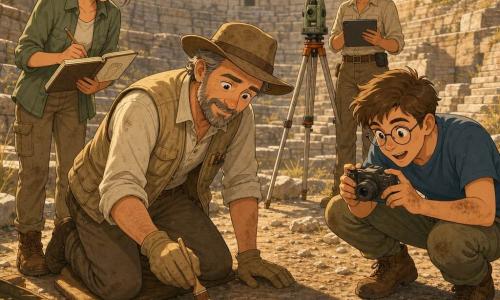 A calm, respectful scene in an ancient bowl-shaped stone quarry at golden morning light: a gentle, graying bearded archaeologist (about 45) kneels on a ground pad in a beige pocketed vest and worn hat, gently brushing a small human footprint; Lina (18), brown hair in a ponytail, stands slightly behind left, sketchbook open and drawing; Jay (20), short hair and round glasses, crouches right with soil-stained hands, ready to photograph; Tessa (35), short tousled hair and tanned skin, stands near a tripod-mounted total station, noting measurements on a tablet; composition centered on the footprint with visible hands and tools, textured ground (dust, grains, small roots), warm natural colors, crisp lines, atmosphere of focus and discovery.