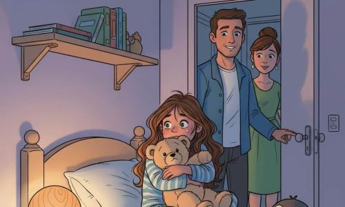 Een 8-jarig meisje, angstig maar opgelucht, krimpt op haar bed en knijpt haar grote beige knuffel tegen zich aan; halflang golvend bruin haar, blauw-wit gestreept pyjama, grote heldere groene ogen en licht rood aangelopen gezicht terwijl ze kalm ademhaalt. Een vader (35–40) staat bij de slaapkamerdeur met een geruststellende glimlach en hand aan de klink, losvallend jasje, deels verlicht door kamerverlichting. Een moeder (33–38) staat op de gang op de achtergrond met een knot en eenvoudige jurk, aandachtig en klaar om de deur te sluiten. De kleine gezellige kamer heeft pastel lavendelkleurige wanden, fosforescerende sterrenstickers aan het plafond, een lichte houten plank met wat boeken en een ronde nachtlamp die warm amberlicht verspreidt; knuffel Benny ligt aan het voeteneinde. De hoofdsituatie toont het meisje dat de nachtlamp aandoet, waardoor de schaduwen zacht worden en eerder donkere hoeken onschuldige voorwerpen onthullen; sfeer van nacht→troost, heldere lijnen, warme kleuren tegen zacht blauwgrijze schaduwen. Grafische stijl: strakke lijnen, egale verzadigde kleuren, duidelijke uitvergrote gezichtsuitdrukkingen, compositie gecentreerd op het meisje en de lamp, geruststellend en licht magisch.