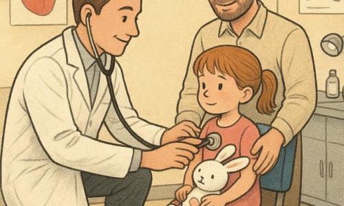 An adult male doctor with a gentle smile kneels, wearing a slightly wrinkled white coat and pressing a shiny black stethoscope to the chest of Mia, a shy but reassured 4–5-year-old girl with light brown hair in a small ponytail who sits on a blue chair holding a white plush rabbit with a small bandage; her father, about 35 with a short beard and light shirt, stands protectively behind the chair holding her right hand. The bright, clean exam room has cream walls, child-friendly anatomy posters, a shiny floor and a metal tray with instruments to the right; the centered composition conveys a warm, reassuring medical exam focused on trust and care.
