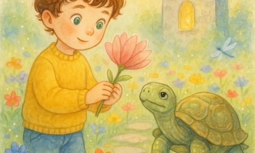 A 6-year-old boy, amazed and smiling, curly chestnut hair and bright green eyes, wearing a mustard-yellow sweater and denim shorts, gently holds a large pink flower with finger-like petals; an elderly turtle named Franklin, with a wrinkled green-and-brown shell and wise slow eyes, stands to the boy’s right on the edge of a stone path looking at the flower; in the background a tall light-stone Clock Tower with a visible golden clock face and an open window letting warm light through; the garden is a compact meadow of vivid watercolor-like flowers (blue, red, yellow, purple), paved paths, soft grass and a few translucent dragonflies; the scene shows the boy hesitant but joyful choosing a flower among others labeled Play, Learn, Rest, Help, with the turtle silently encouraging in a contemplative, luminous atmosphere.