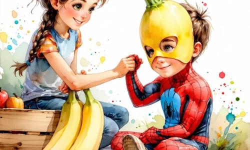 10-jährige Mädchen, lächelnd und konzentriert, hellbraune, kurz geflochtene Haare, grüne Augen, richtet behutsam eine viel zu große Bananenmaske an einem etwa 11-jährigen Jungen namens Leo mit zerzausten braunen Haaren und aufgeschlagenem Knie, der in einem blauen und roten Akrobatkostüm auf einer Holzkiste links von ihr sitzt und dankbar schaut; im Hintergrund auf einer niedrigen Plattform steht der etwa 45-jährige Herr Balanzini im goldglitzernden Kostüm mit rosa Boa, theatralischer Pose und schelmischem Lächeln, er hält eine Feder und beobachtet die Szene; ein kleiner weißer Hund mit schwarzen Flecken trägt einen Mini-Zylinder und rennt um die Kisten, verstreut rosa Bänder; Kulisse: Zirkushinterbühne mit warmen Lampen, als Requisiten Kisten mit der Aufschrift „Masken“, gestapelte Paillettentücher, verstreute bunte Masken, Strohballen und ein Popcornkübel, gedämpftes orangiges Licht und weiche Schatten, Atmosphäre von Vorbereitung, Vorfreude und präzisen Gesten.