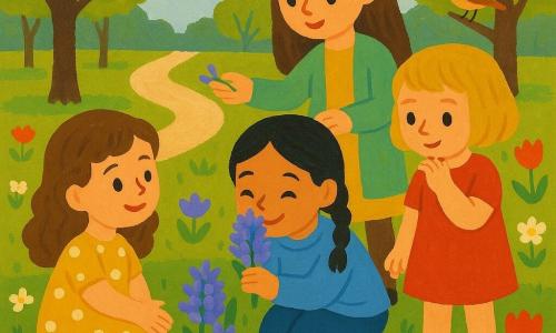 Sunt patru fete: Ana, 6 ani, păr castaniu ondulat, rochie galbenă cu buline albe, stând pe iarba din stânga și întinzând mâna spre zambile violete; Maria, 7 ani, păr negru în codițe, pulover bleu, în centru, aplecată mirosind zambile cu un zâmbet mirat; Ioana, 6 ani, păr blond scurt, rochie roșie, în dreapta, stând și privindu‑o atent pe o lalea roșie cu mâna sub bărbie; Clara, 7 ani, păr șaten lung, cardigan verde pal, în spatele grupului arătând o floare către Maria. Loc: parc de primăvară luminat de dimineață, iarbă verde cu flori mici (lalele roșii, zambile violete, păpădii), copaci în muguri și un potecă pietruită în fundal. Situație: cele patru fete explorează parcul și miros florile împreună, fețe luminate și gesturi blânde, compoziție centrată pe cercul copiilor și florile vibrante din prim‑plan.