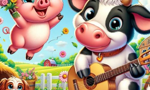 Un porc numit Pufi, cu blană roz și obraje rotunzi, zâmbește fericit în timp ce sare de bucurie în mijlocul unei ferme colorate. Ochii săi strălucesc de excitație în timp ce ține flori în labe. Lângă el, un cățel mic cu blană brună, cu o expresie curioasă, cântă la chitară, așezat pe o fân. Mai departe, o vacă cu blană neagră și albă, Clara, privește cu un zâmbet surprins, înconjurată de baloane colorate și ghirlande de flori. Scena se desfășoară într-o fermă însorită, cu câmpuri verzi, un cer albastru deschis și copaci înfloriți în fundal. Pufi și prietenii săi pregătesc o petrecere surpriză, plină de râsete și muzică, pentru a o sărbători pe Clara.