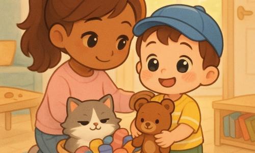 Een 4-jarige jongen met rond gezicht en roze wangen, grote heldere ogen en blije, opgeluchte uitdrukking draagt een blauwe pet, geel-wit gestreept T-shirt en groene korte broek; hij houdt een bruin knuffelbeer stevig vast naast een wasmand met kleurige sokken. Zijn moeder (ongeveer 30–35 jaar) met kastanjebruin lang haar in een paardenstaart, zacht glimlachend en trots, staat naast hem met een hand op zijn schouder. Een grijs-witte kat met pluizige vacht slaapt gespitst in de wasmand. De scène speelt zich af in een licht woonkamer met een kleurrijk sterrenkleed, een lage houten salontafel met koekkruimels, een lage boekenkast en een halfopen deur; warme namiddaglichtinval. Hoofdmoment: de kleine detective heeft zijn knuffel teruggevonden en omhelst hem blij terwijl mama aanmoedigt, tedere en veilige sfeer.
