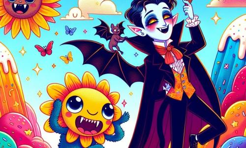 Un vampiro di nome Vladimiro, un ragazzo elegante con un mantello nero fluttuante e occhi brillanti, ride gioiosamente mentre fa solletico a un piccolo pipistrello che si aggrappa alla sua spalla, con le ali spiegate. Accanto a lui, Pomponio, una creatura divertente con una testa di girasole e un corpo di peluche, salta di gioia, il suo sorriso splendente illumina il suo viso floreale. La scena si svolge sulla Collina dei Gelati Arcobaleno, un luogo magico dove montagne di gelato colorato si ergono sotto un cielo blu vivace, punteggiato di nuvole a forma di caramelle. In questa situazione principale, Vladimiro e Pomponio si divertono insieme, condividendo risate mentre cercano il leggendario Sorbetto della Risata, circondati da dolciumi e colori vivaci.