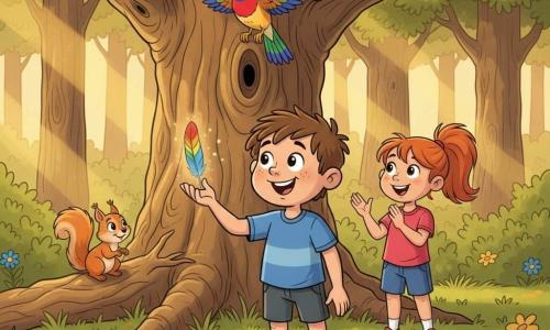 A joyful, amazed 10‑year‑old boy with a round freckled face and messy brown hair holds a floating rainbow feather in his left hand, smiling; behind him to his right stands Maya, about 10, enthusiastic with copper ponytail, hands ready to applaud; a small red squirrel with a lifted bushy tail perches on a low oak branch, and a Rainbow Finch with iridescent red, blue, green, and gold plumage sits higher on the trunk with wings slightly open; the scene is a wooded clearing bathed in golden light, green grass dotted with yellow and blue wildflowers, textured tree trunks and sunbeams, capturing the magical moment in a warm, high‑contrast palette with clean lines and exaggerated expressions in a 1990s cartoon style.