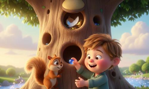 A 4-year-old boy with a round face, messy light-brown hair and rosy cheeks, amazed and joyful, gently places a small shiny blue marble into a hollow in a tree trunk; Sammy the little striped red squirrel with bright hazelnut eyes sits on a nearby branch, watching curiously and flicking his bushy tail. The immense tree has gnarled, soft bark, thick branches with green leaves and small hollows; the scene shows the treetop against a pastel sky with soft clouds, glinting leaves and golden late-afternoon rays, with pebbles and a bubbling stream in the background. The moment is magical and tender: the cavity opens to reveal a white feather, a tiny golden bell and a small shining mirror. Warm atmosphere, saturated colors, soft textures and lighting; playful 3D style with rounded volumes, plush materials, soft reflections on the marble and a centered composition.