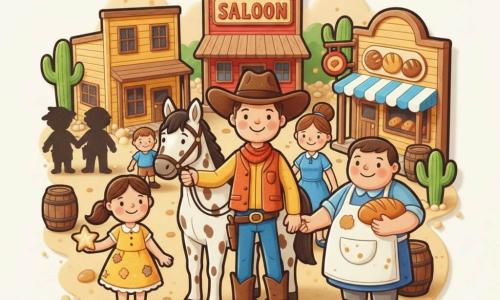 Een glimlachende maar vastberaden cowboy van ongeveer 30 jaar met brede bruine hoed en roestbruin leren jas houdt de teugels vast van een groot gevlekt wit-bruin paard in het midden van de hoofdstraat; links voor hem staat het meisje Luna van ongeveer 8 jaar met paardenstaart en een gele jurk met zandvlekken, ze houdt een klein glanzend houten sterretje; rechts staat een vriendelijke bakker met wit schort die een warm brood vasthoudt; iets achteraan een vrolijke juf met opgestoken haar en blauwe jurk houdt de hand van een vijfjarig jongetje; het is een kleine westernstad met kleurrijke houten gebouwen, een rood saloon op de achtergrond, hangende houten borden, gouden stof in de lucht, cactus en barils; de dorpelingen zingen samen terwijl bandieten op de achtergrond hun hoofd buigen en spullen teruggeven (brood, speelgoed); eenvoudige compositie, felle kleuren, afgeronde vormen en dikke contouren met zichtbare EVA-schuimtextuur, vreugdevolle geruststellende sfeer.