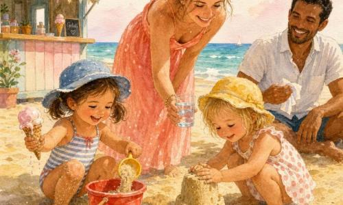 Quattro personaggi: Lia, bambina di 3 anni con capelli biondi corti e piccolo cappello giallo, accovacciata a destra mentre compatta delicatamente la sabbia per costruire una torre; Sara, bambina di 3 anni con capelli castani a codini e cappello blu, a sinistra che versa sabbia in un secchiello rosso; la mamma (~35 anni) con capelli raccolti in chignon e abito estivo corallo, dietro le bambine inclinata e sorridente mentre porge un bicchiere d'acqua; il papà (~36 anni) con capelli corti e camicia chiara, seduto leggermente dietro a destra che tiene un fazzoletto e ride piano. Spiaggia di sabbia fine e dorata, mare turchese calmo sullo sfondo, cielo limpido con leggero rosa all'orizzonte, chiosco di legno pastello a sinistra e conchiglie vicino ai piedi dei bambini. Le bambine costruiscono insieme una torre di sabbia: Lia la compatta e la torre regge finalmente, con impronte di dita visibili; accanto secchiello rosso, paletta blu e una pallina di gelato che inizia a sciogliersi in una mano; atmosfera calda, gesti teneri e tinte pastello con tocchi acquerellati.