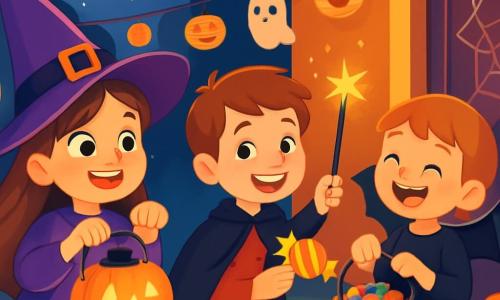 Una bambina di 6 anni, di nome Luna, con lunghi capelli castani e occhi scintillanti di gioia, indossa un costume da strega viola con un cappello a punta. Sorride meravigliata, tenendo una lanterna a forma di zucca che illumina il suo viso radioso. Accanto a lei c'è Max, un ragazzo di 7 anni, vestito da mago con un mantello nero e una bacchetta scintillante, che le porge un dolcetto colorato con un grande sorriso. Clara, una bambina di 6 anni, è travestita da pipistrello con ali nere brillanti, ridendo gioiosamente mentre tiene un secchio pieno di dolci. La scena si svolge in una strada animata decorata con lanterne, fantasmi di carta e zucche sorridenti, sotto un cielo stellato in cui la luna brilla intensamente. Luna, circondata dai suoi amici, si prepara a bussare alla porta di una casa decorata con ragnatele, piena di eccitazione e curiosità, pronta a vivere una nuova avventura di Halloween.