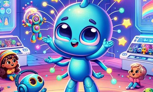 An illustration depicts a small alien with bright eyes and blue skin, having four arms, expressing great joy. It is dancing enthusiastically, surrounded by colorful little robots celebrating with it. Nearby, a girl with starry shimmering hair, wearing a futuristic suit, smiles in wonder while watching the small alien. She holds a musical instrument that emits joyful notes. A boy with robotic legs, showing a curious expression, attentively observes the technological creations around him, leaning over a machine that produces 3D toys. The main setting is the Learning Hub, a futuristic building with changing color walls, filled with shiny machines, floating drones, and interactive panels. Children of all kinds, with unique features, move joyfully within. The main scene shows the small alien and its friends exploring the wonders of technology together, creating fantastic objects and playing music in a festive and colorful atmosphere. Additional graphic elements include luminescent flowers, holographic screens displaying images of space, and floating toys that add a touch of magic to this vibrant and joyful scene.