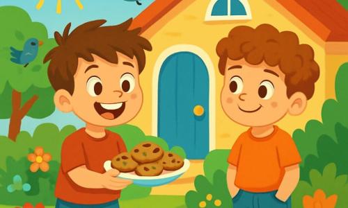 An 8-year-old boy, Lucas, with messy brown hair and sparkling joyful eyes, is wearing a red t-shirt and blue shorts. He is smiling widely, holding a plate of cookies, ready to make a new friend. Next to him, Max, an 8-year-old boy with curly hair and bright green sneakers, looks at Lucas with a shy smile, his hands in his jean pockets. They are standing in front of a house with a blue door, surrounded by colorful flowers and a green garden. The sun is shining in a clear blue sky, and birds are singing in the trees. The scene depicts Lucas and Max, ready to share cookies and become friends, symbolizing the joy and excitement of a budding friendship.