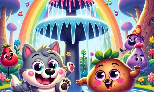 Een kleine grijze wolf genaamd Wobbel, met grote glanzende ogen en een verwonderde glimlach, danst vrolijk rond een magische fontein die water in felle kleuren spuit, als een regenboog. Naast hem lacht een ondeugende eekhoorn genaamd Snuitje, met een stralende rode vacht en een kleine pluizige staart, terwijl ze huppelt met een hazelnoot in haar pootjes. Iets verderop wiegt een enorme glimlachende aardappel, Arie, met roze wangen en een zonnebril, op zijn kleine wortels, terwijl hij een paar paarse broeken draagt die in de lucht wapperen. De omgeving is betoverend: zingende bloemen in felle kleuren omringen de fontein, terwijl bomen met multicolore stammen op de achtergrond staan, en een heldere blauwe lucht is bezaaid met snoepvormige wolken. De hoofdscène toont Wobbel, Snuitje en Arie die samen rond de fontein dansen, besprenkeld met gekleurde druppels water, wat een vrolijke en speelse sfeer creëert, vol magie en absurditeit.