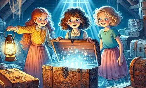 Trei fete, Ana (10 ani, păr brun și creț, purtând o rochie galbenă cu buline), Maria (9 ani, păr blond și drept, îmbrăcată cu un tricou albastru și o pereche de pantaloni scurți din denim) și Ilinca (8 ani, păr șaten deschis și ondulat, îmbrăcată cu o fustă roz și un tricou verde), stau în centrul unei mansarde prăfuite, înconjurate de vechi valize și pânze de păianjen. Ana, cu o privire curioasă, ține o lanternă care luminează un cufăr din lemn sculptat, în timp ce Maria se apropie cu uimire, iar Ilinca, puțin în spate, observă cu prudență. Mansarda este plină de obiecte vechi, cu grinzi de lemn expuse și raze de lumină filtrând printr-o fereastră murdară, creând o atmosferă misterioasă și magică. Fetele descoperă un cristal albastru strălucitor în cufăr, iar în momentul în care Ana îl atinge, o lumină strălucitoare le învăluie, transportându-le într-o pădure fermecată plină de culori vii și creaturi fantastice.