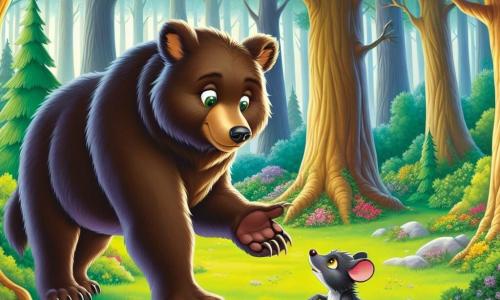 Ein junger Braunbär namens Brummo, mit weichem und glänzendem Fell, steht mutig im Mittelpunkt der Szene, seine Augen strahlen Entschlossenheit und Empathie aus. Er schaut aufmerksam einen großen schwarzen Wolf an, dessen dunkles, glänzendes Fell und gelbe Augen eine neugierige, aber zögerliche Ausstrahlung haben, als ob er sich fragt, ob er sich wirklich ändern kann. In der Nähe beobachtet eine kleine graue Maus namens Pieps, mit runden Ohren und lebhaften Augen, die Szene mit einem hoffnungsvollen Ausdruck und ist bereit, den Wolf zu ermutigen, sich den anderen anzuschließen. Die Kulisse ist eine verzauberte Lichtung im Silberwald, umgeben von majestätischen Bäumen mit dicken Stämmen und leuchtend grünen Blättern, während bunte Blumen den Boden schmücken und der Atmosphäre einen Hauch von Magie verleihen. Die Hauptsituation zeigt Brummo, der seine freundliche Pfote zum Wolf ausstreckt und zur Versöhnung einlädt, während Pieps bereitsteht, ihre neue Freundschaft zu unterstützen und einen Moment süßer Spannung und Hoffnung im Herzen des Waldes zu schaffen.